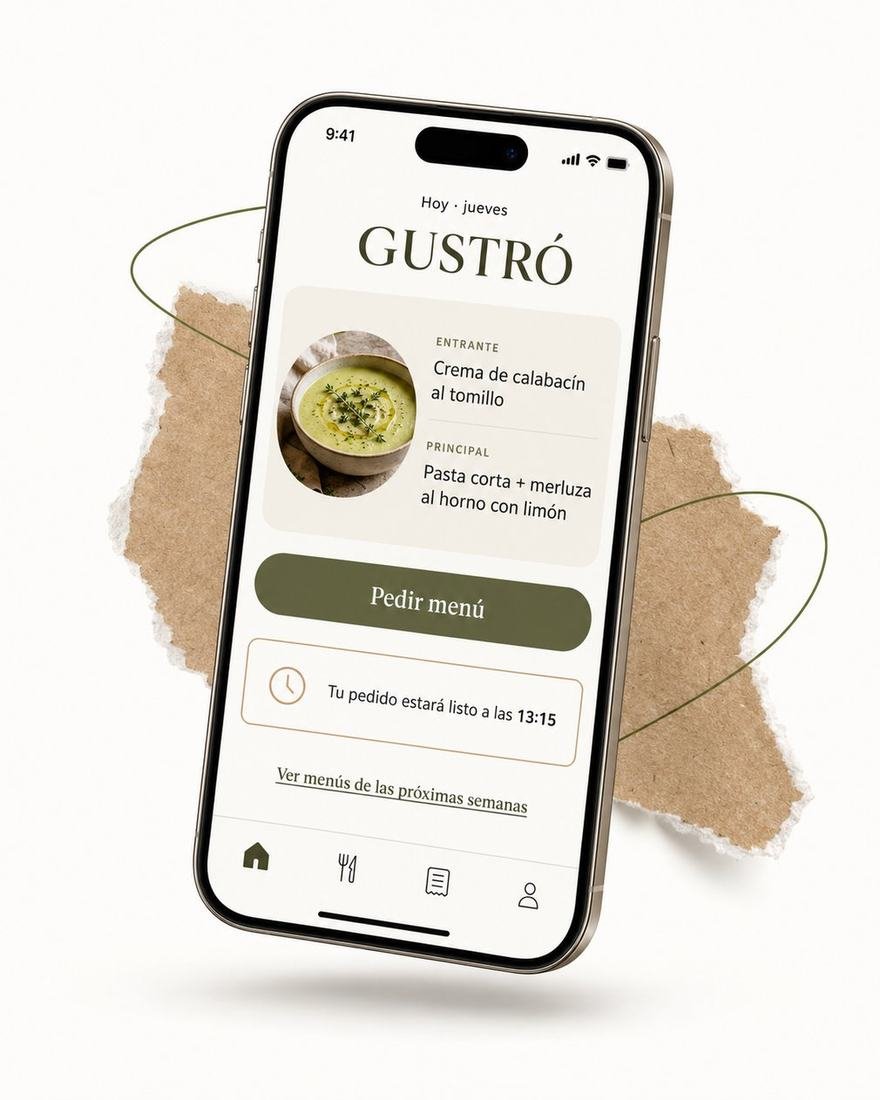 Móvil con la app de Gustró mostrando el menú del día y el botón para pedir