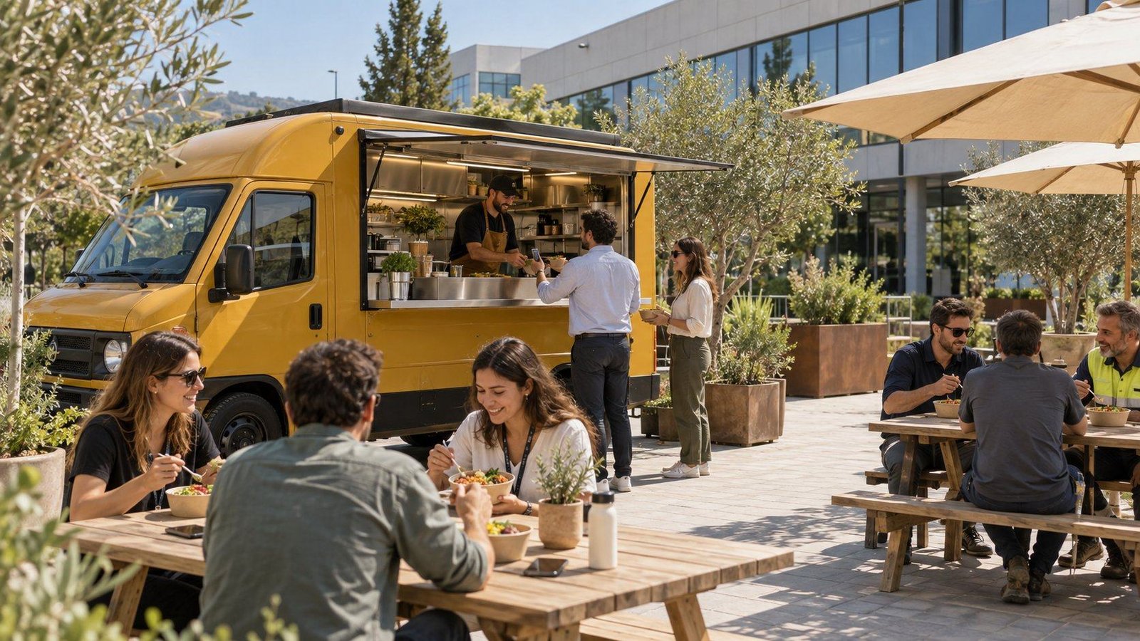 Foodtruck sirviendo comida a trabajadores en un parque empresarial